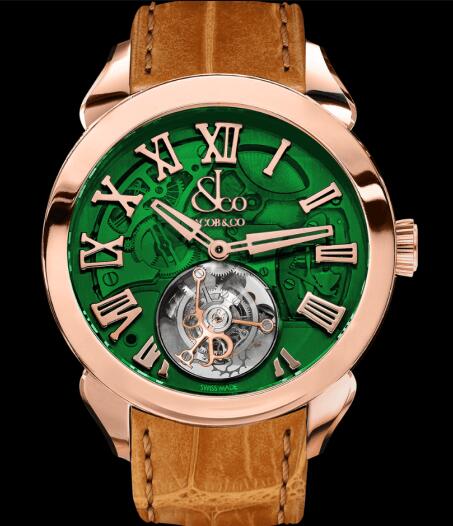 Jacob & Co. PALATIAL FLYING TOURBILLON HOURS & MINUTES ROSE GOLD (GREEN MINERAL CRYSTAL) Watch Replica PT500.40.NS.OG.A Jacob and Co Watch Price